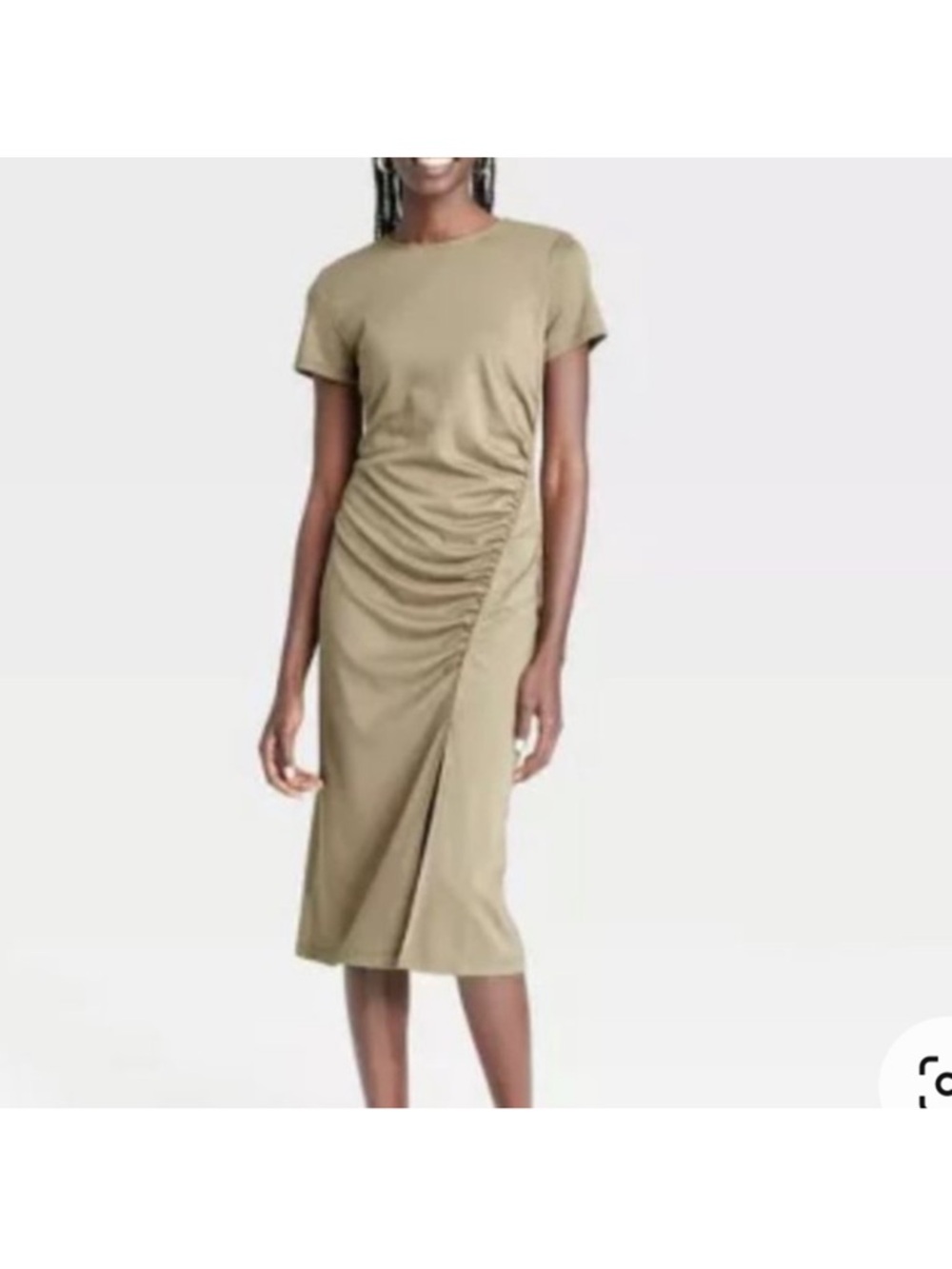 Olive Green Short Sleeve Ruched Knit Midi Dress XL Side Slit A New Day NWT